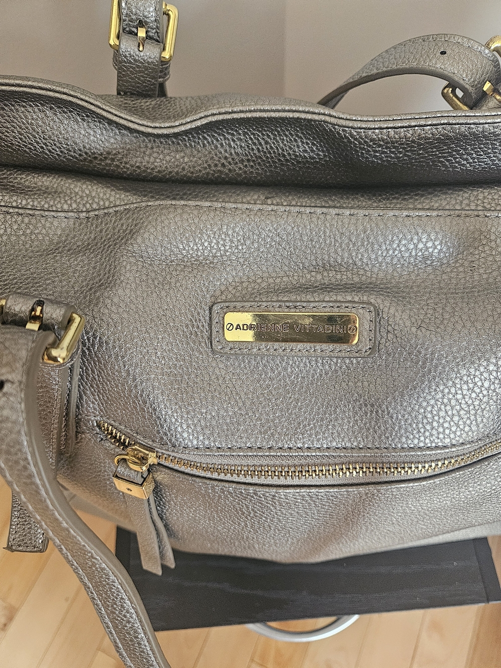Adrienne Vittadini Metallic Gold Pebbled Leather Laptop Bag